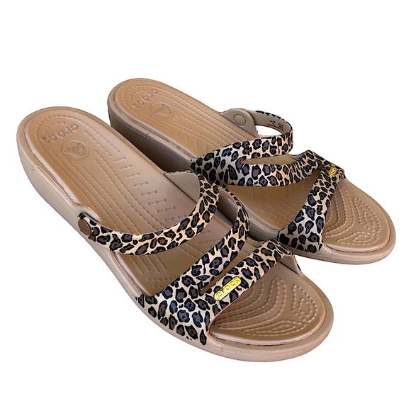 Crocs Patricia Tan Brown Leopard Wedge Slip On Sandals Women's Size 10 - Picture 1 of 13